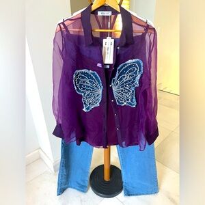 Miu Miu Sheer Purple Top with Blue Butterfly Embellishment and Jean pant set .
